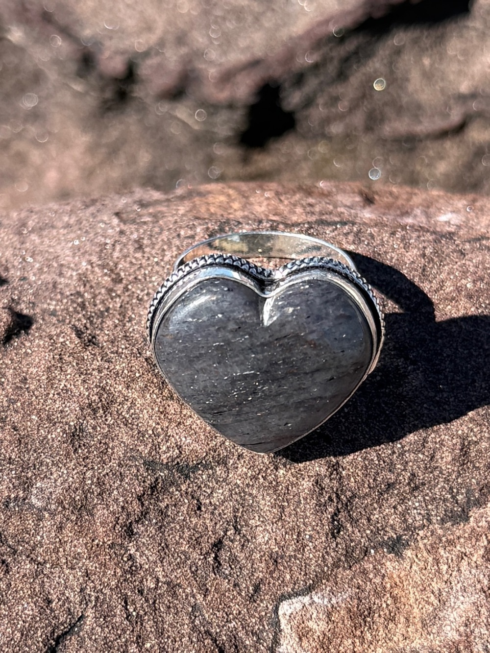 Heart-Shaped 925 Silver Black Tourmaline Ring Size 9.5